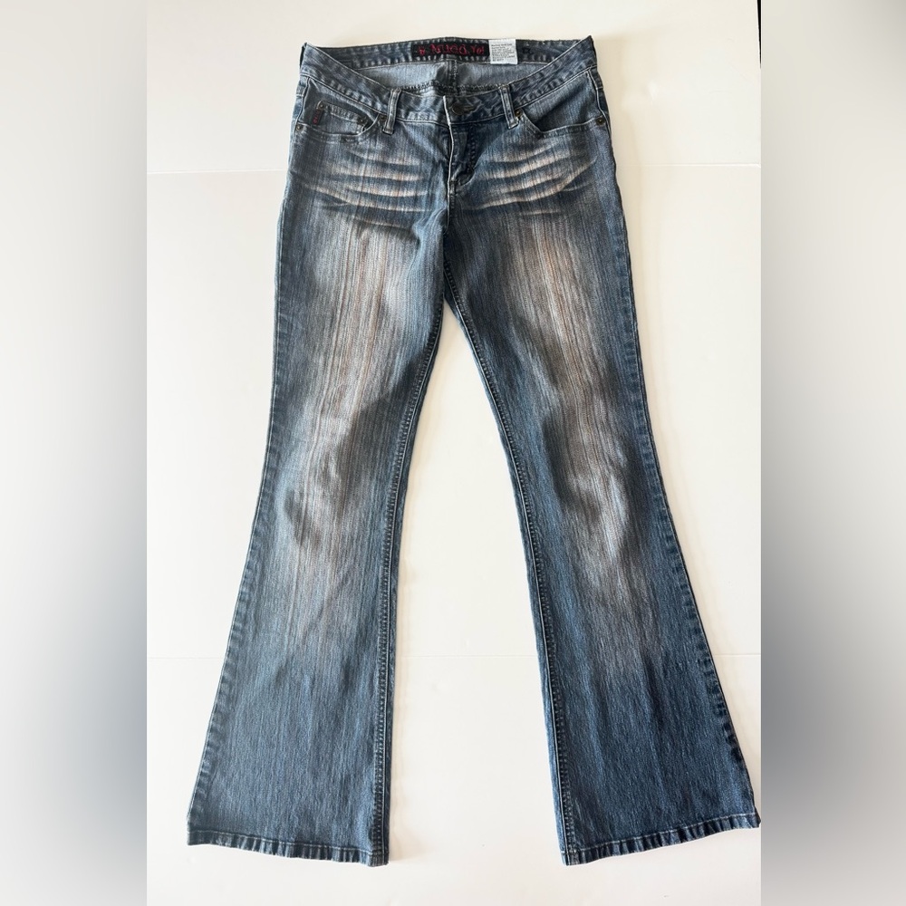 Y2K Mudd Jeans, Bootcut Flare, Striped Faded Wash, Low Rise, Women’s Size 7